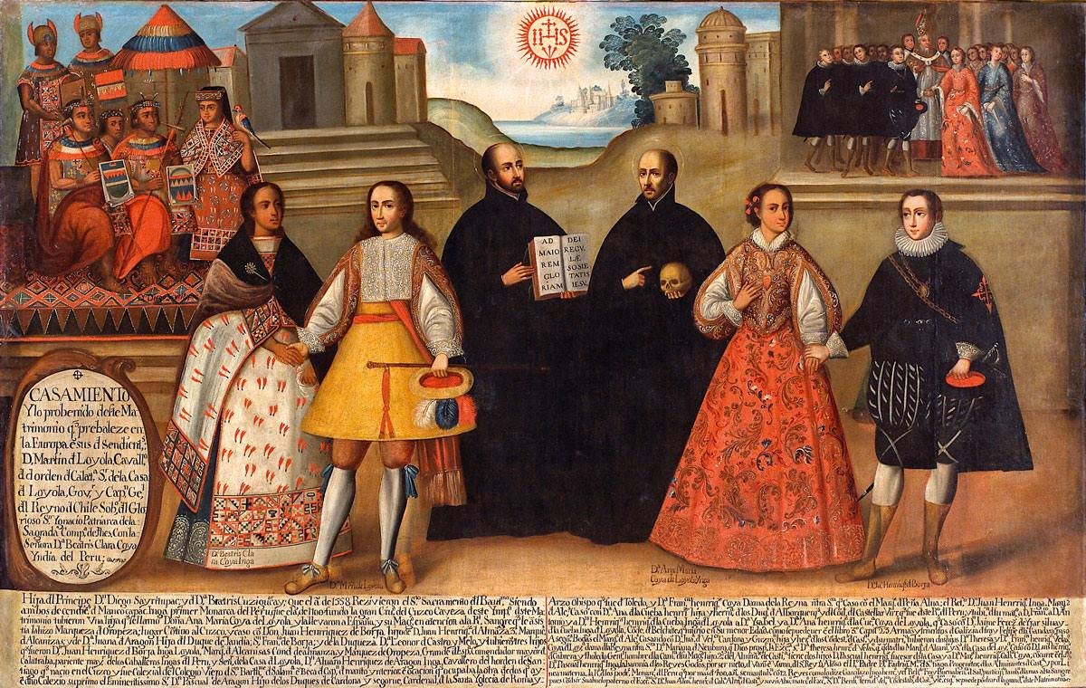 Historical painting of two significant marriages involving Inca and Spanish noble families