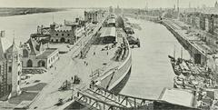 Illustration of shipyard and harbour facilities in the Rheinauhafen at Cologne on the Rhine from a 1913 transportation book