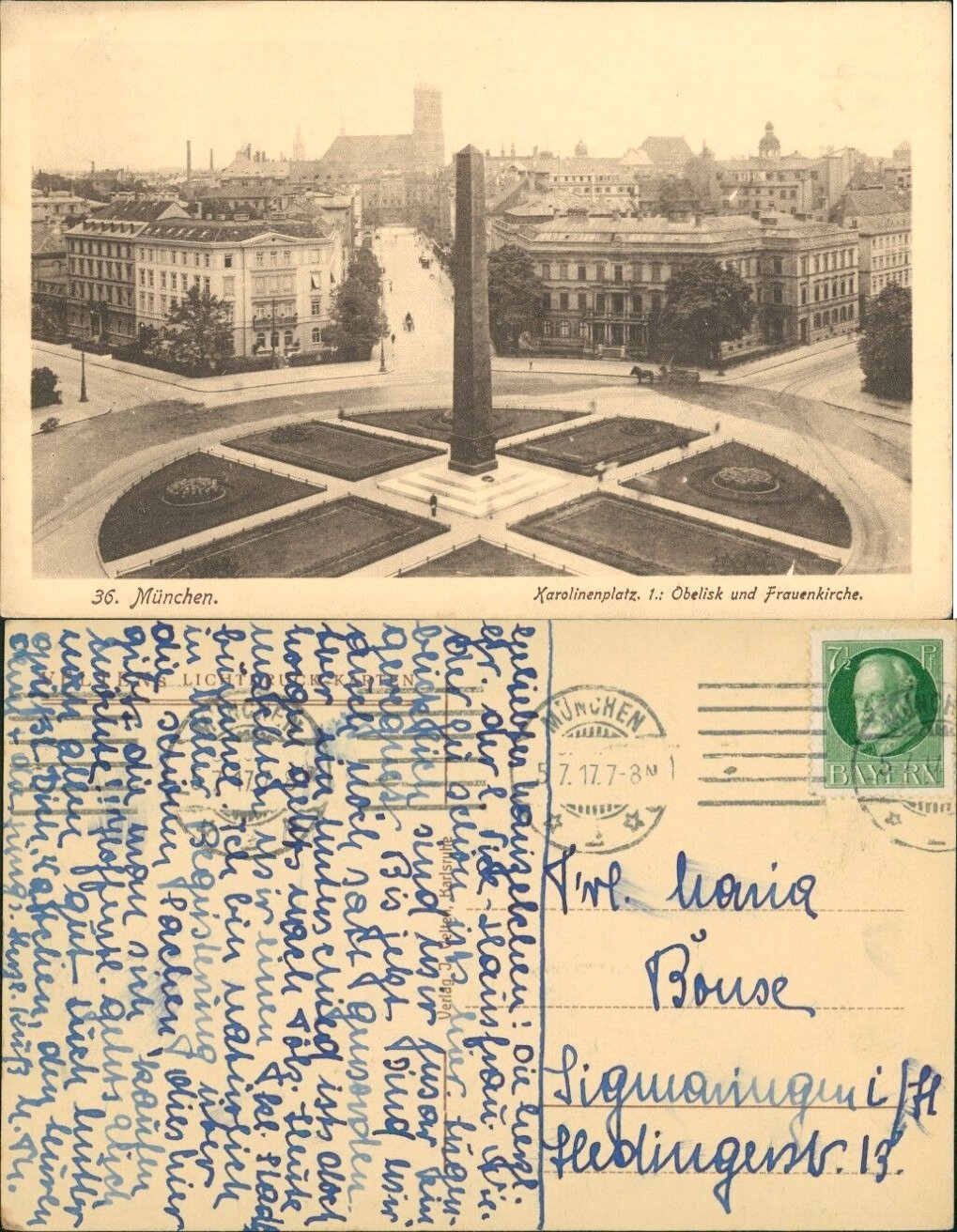 Historic black and white photograph of Karolinenplatz in Munich taken in 1917