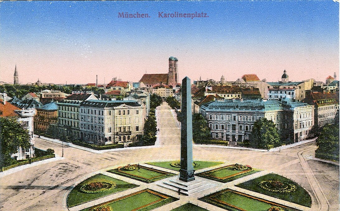 Vintage postcard of Karolinenplatz in Munich around 1914 with historic buildings and streetcars