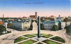 Vintage postcard of Karolinenplatz in Munich around 1914 with historic buildings and streetcars