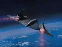 A mixed media painting depicting the CIA A-12 OXCART supersonic aircraft on a reconnaissance mission over North Korea in 1968