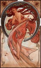 Art Nouveau painting Dance by Alfons Mucha depicting a woman in flowing dress surrounded by decorative floral patterns