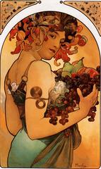 Art Nouveau style painting of a woman with fruit by Alfons Mucha