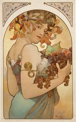 Colorful Art Nouveau painting of a woman with fruit by Alfons Mucha