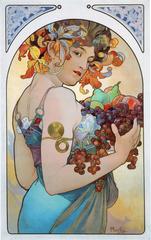 Alfons Mucha artwork featuring a woman with flowing hair surrounded by fruits