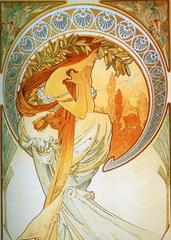 Alphonse Mucha painting titled Poetry featuring an allegorical woman with flowing hair and floral motifs
