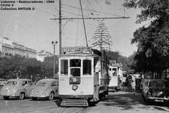 Historic black and white photograph of Bondes de Lisboa tram in 1964