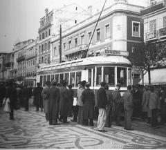 Vintage tram in Lisbon city street in 1939