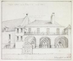 Historical pencil drawing of Couvent des Bernardins facade with three arcades and entrance gate in Paris