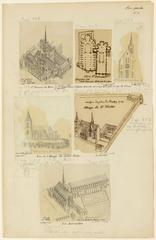 Historical drawing of Paris's Rive Gauche area featuring Saint-Etienne du Mont and Sainte-Geneviève, replaced by Rue de Clovis after church demolition