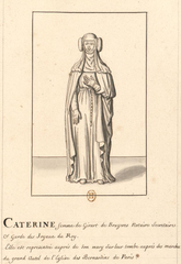 Portrait of Catherine de Béthisy, wife of Girard de Bruyères, depicted beside her husband at their tomb near the high altar steps of the Bernardins Church in Paris