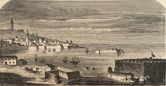 Historical view of Coruña from 1866 showing coastal city and harbor
