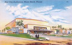 Photomechanical print of Miami Beach with New City Auditorium, halftone colored postcard