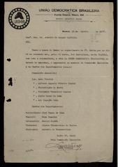 Typed letter on letterhead of União Democrática Brasileira sent to Armando Salles de Oliveira about UDB headquarters installation in Manaus, signed by Luiz Tirelli