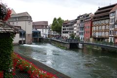 Panoramic view of Strasbourg cityscape with historic buildings and river