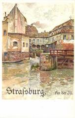 Historic postcard by Franx Xaver Hoch showing riverside buildings along the Ill river in Strasbourg
