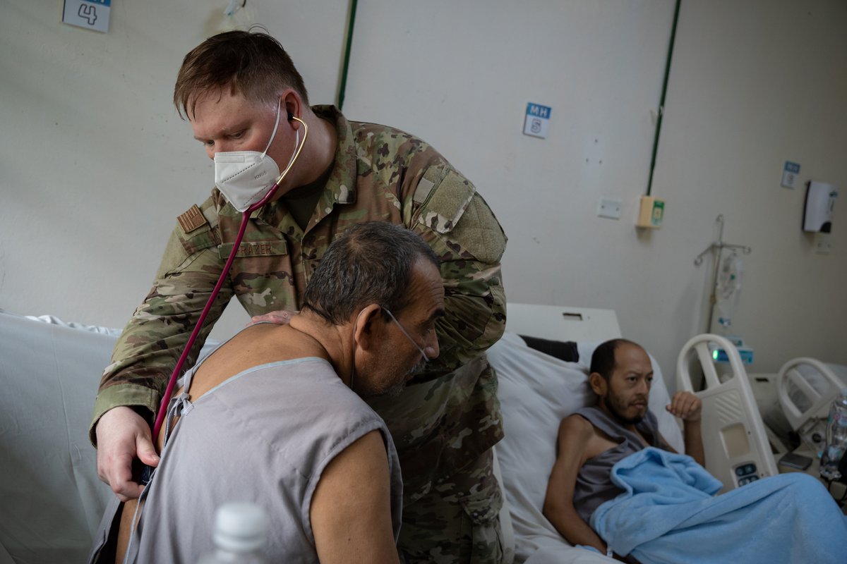 U.S. Air Force medical personnel providing patient care at San Bartolo National Hospital in El Salvador during AMISTAD 2025