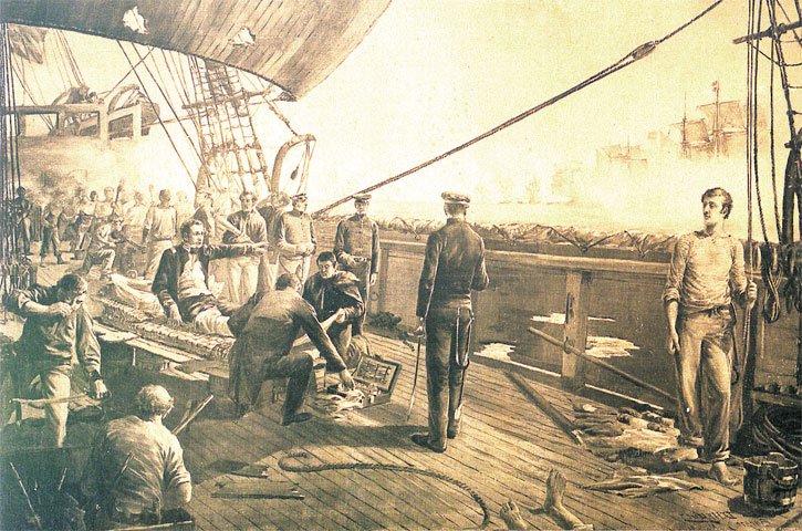 Portrait of Admiral Brown facing Montevideo cityscape by Diógenes Hecquet
