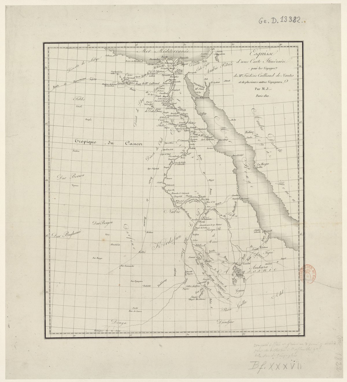Historical sketch map of travel routes by Frédéric Cailliaud and other explorers in North-East Africa