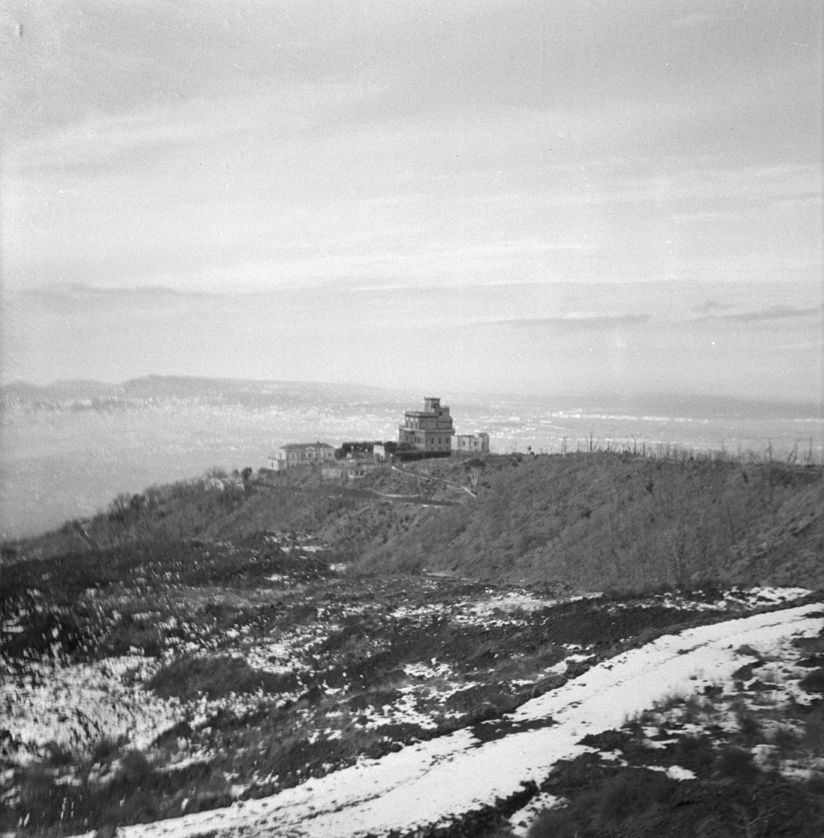 Vesuvian Observatory near Naples with the Vesuvius volcano in the background, historic black and white photograph from 1938
