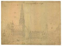 Pencil drawing of The Town House and Market Place at Brussels by Hollar
