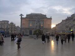 View of Place de la Comédie and Opéra in downtown Montpellier decorated with Christmas lights