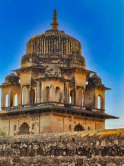 Bundela Rajput Chhatris of 16th to 18th century in Orchha, Madhya Pradesh, India on the banks of Betwa River