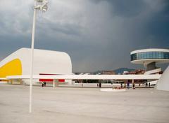 Centro Cultural Internacional Oscar Niemeyer in Avilés, Asturias, Spain under a blue sky