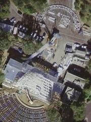 High resolution aerial view of Hollywood Bowl in Los Angeles during construction of new shell in January 2004