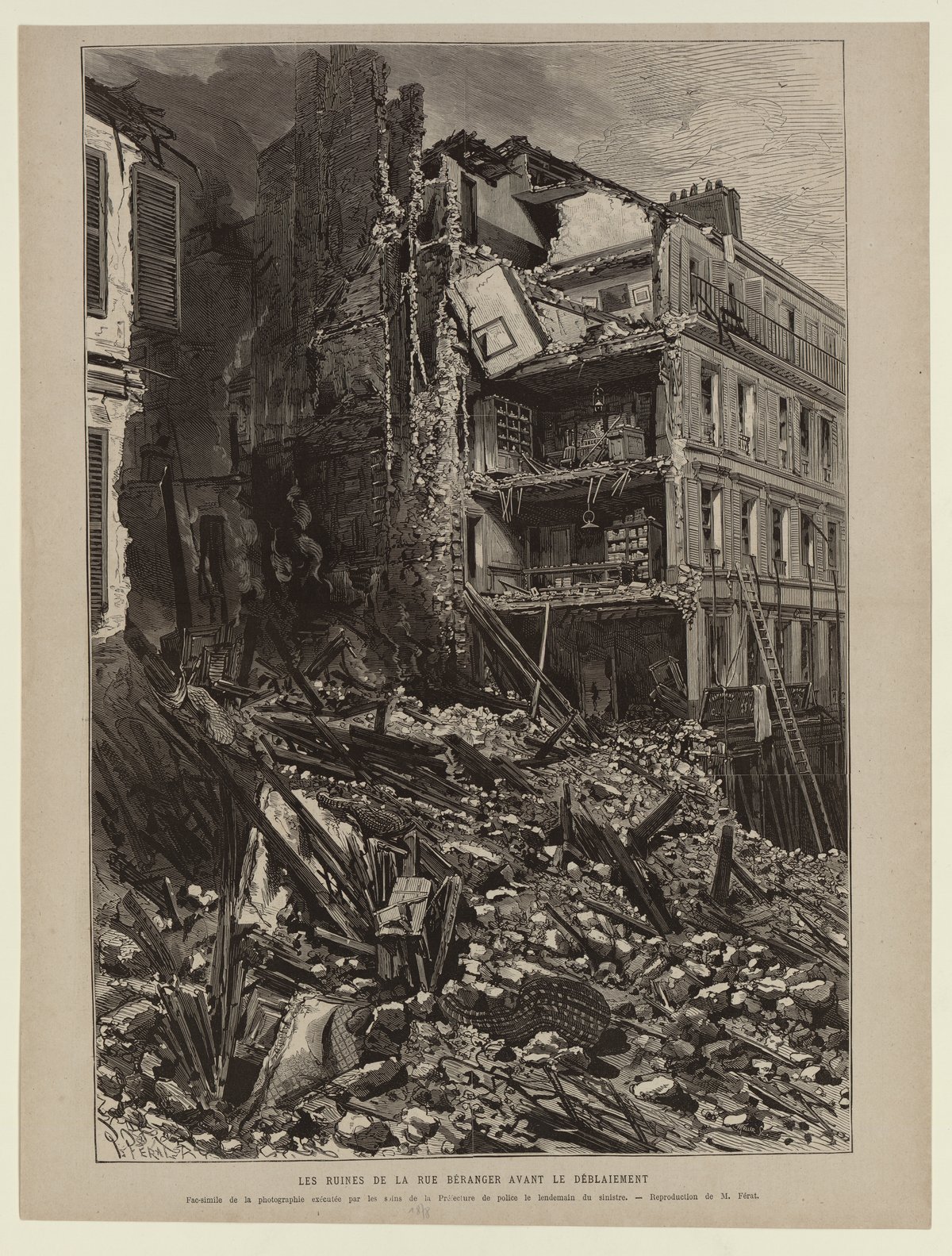 Ruins of Rue Béranger in Paris before clearance, 19th-century wood engraving
