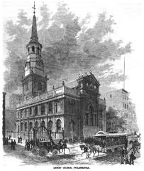 Historic drawing of Christ Church in Philadelphia from 1876 showing detailed architecture