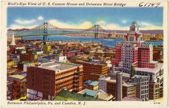 Aerial view of U.S. Custom House and Delaware River Bridge connecting Philadelphia, PA and Camden, NJ