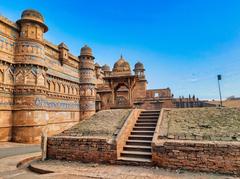 Man Singh Palace at Gwalior Fort in Madhya Pradesh, intricately carved and colorfully painted sandstone palace built by Raja Man Singh