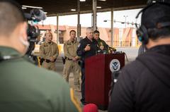 U.S. Customs and Border Protection and Department of Defense officials briefing media on Operation Secure Line at CBP Hidalgo Port of Entry, Texas