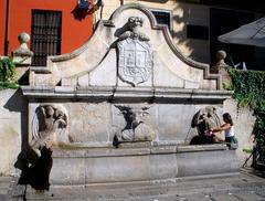 Pilar del Toro in Plaza de Santa Ana, Granada with historic buildings and people