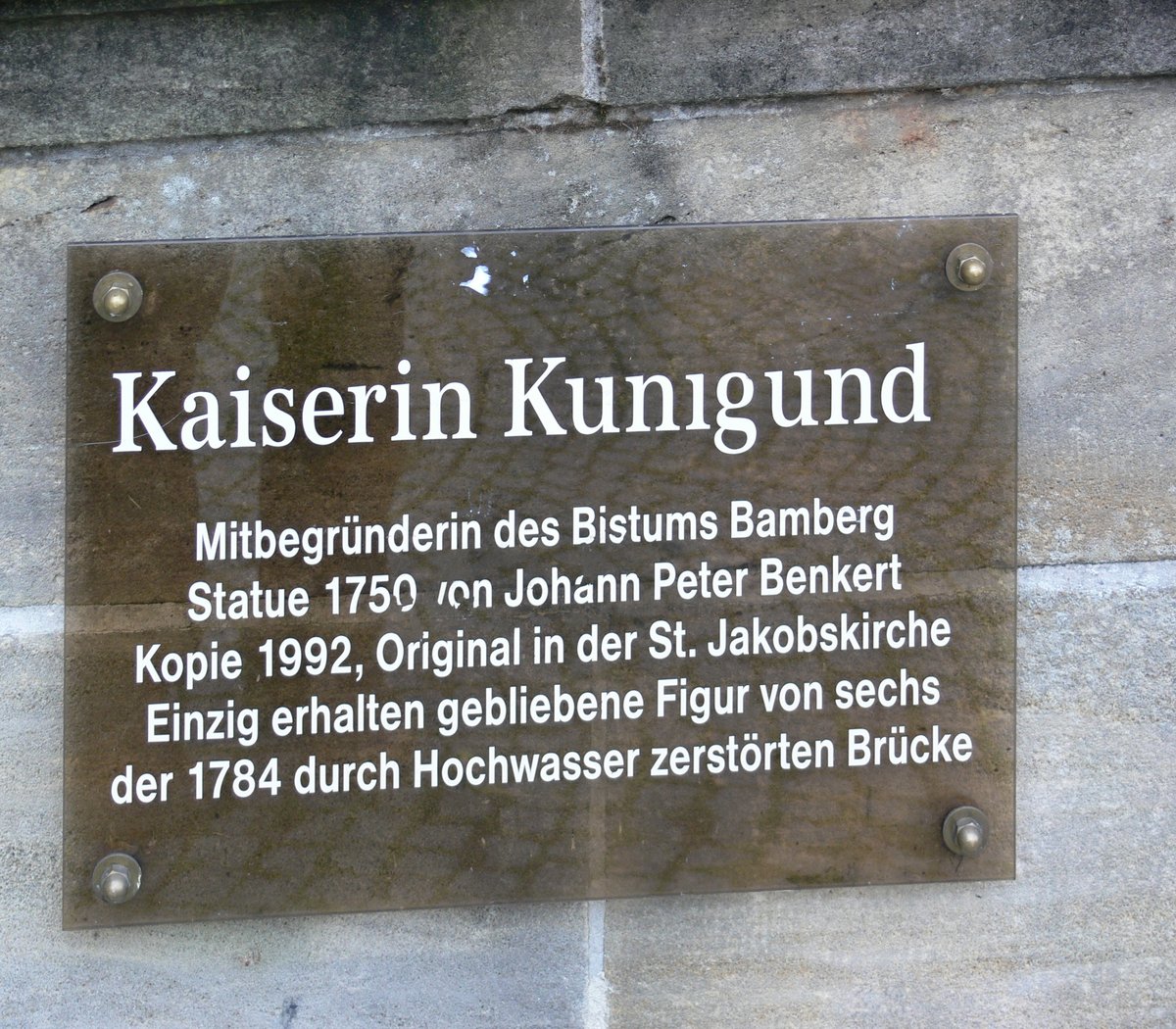 Information sign at the statue of Saint Kunigunde at the Lower Bridge in Bamberg
