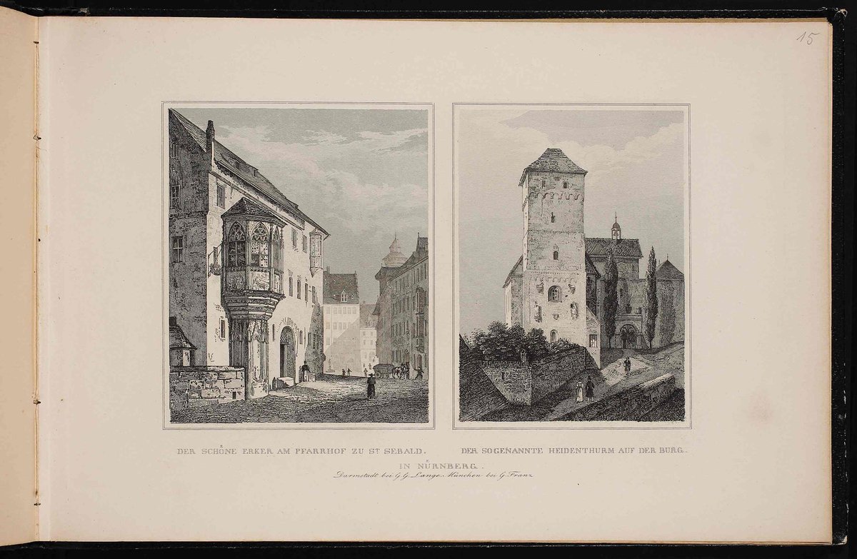 Historical album page depicting scenes from Nuremberg in 1845
