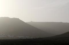 Scenic view of volcanic landscape and sea on Lanzarote island