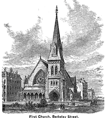 19th century black and white illustration of 1st Church on Berkeley Street in Boston, Massachusetts