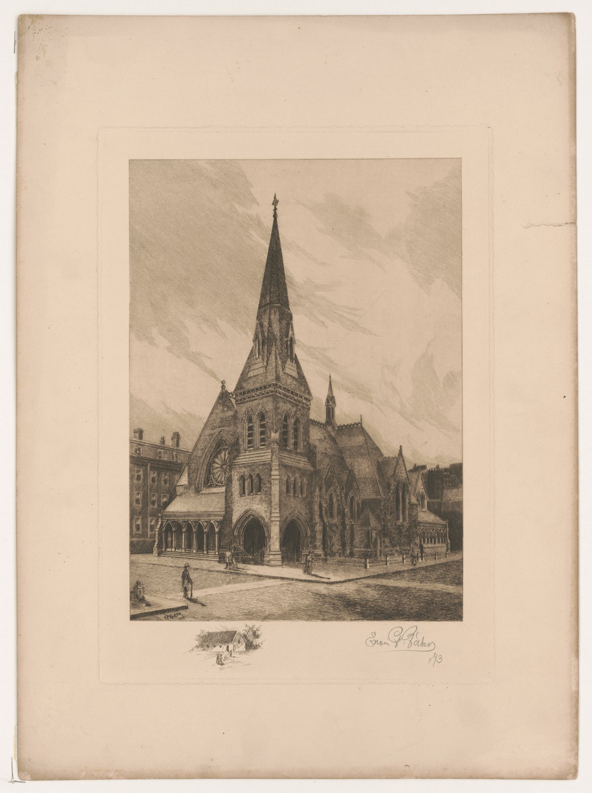 Urban city church on street corner with pedestrians and man crossing street, etching by Erwin F. Faber 1893