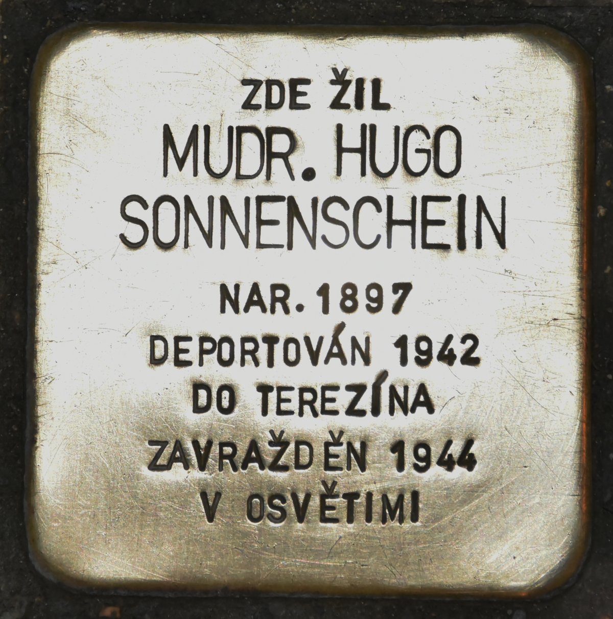 Stolperstein memorial stone dedicated to Hugo Sonnenschein in Brno Czech Republic