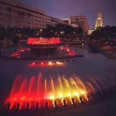Night view of HOA fountain lit up in colors of Belgian flag representing solidarity with Brussels