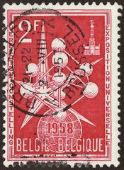 1957 Belgian commemorative stamp featuring a view of the Atomium monument and exhibition emblem for the 1958 Brussels World Exhibition, postmarked in Brussels