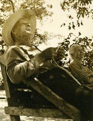 William Keye and Mary Jane Roberts crafting straw hats in Riviera Beach Florida 1939 sepia photo