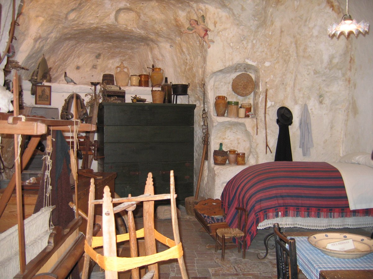 Interior of Casa Grotta troglodyte cave house museum in Matera, Italy