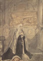 Portrait of Anna Jagiellonka as widow of King Stefan Batory kneeling in prayer in a black mourning dress with white headscarf holding a Bible and rosary against the Renaissance tombstone of Stefan Batory