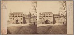 Krakow Barbican viewed from St. Florian's Gate in stereoscopic photo showing detailed architectural features under bright light
