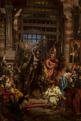 King Bolesław Chrobry on horseback with sword raised at the Golden Gate in Kyiv surrounded by historical figures including Prince Sviatopolk I and women nobles, set against city gate and warm tones of brown, red, yellow.