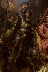 King Boleslaw Chrobry on horseback holding a sword with Prince Swietopelk I near the Golden Gate in Kyiv